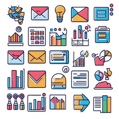 Collection of colorful, flat design business icons.