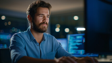 Wall Mural - focused individual at desk with dual monitors displaying code and data
