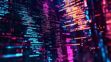 Matrix-inspired falling code with neon text and glitch light effects, infinite loop in digital style
