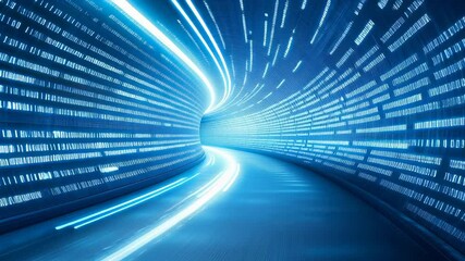 Wall Mural - blue technological tunnel with binary code and luminescent light trails representing high-speed data