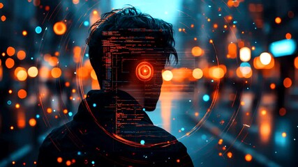Futuristic Hacker Silhouette with Data Overlay and Glowing City Lights Cyberpunk Theme