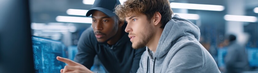 Two young men focused on a computer screen, collaborating on a tech project in a modern, high-tech workspace.