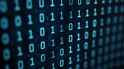 close-up of a digital screen displaying binary code in blue tones, symbolizing computer data and pro