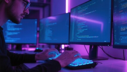 A man wearing glasses is focused on coding, typing on a backlit keyboard with multiple monitors displaying programming code in a purple-lit room.