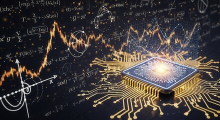 a glowing microchip emits light, surrounded by mathematical formulas and graphs, symbolizing the fus