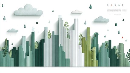 Eco-Friendly Green Cityscape Illustration with Skyscrapers, Trees, Clouds, and Raindrops Promoting Sustainable Urban Development