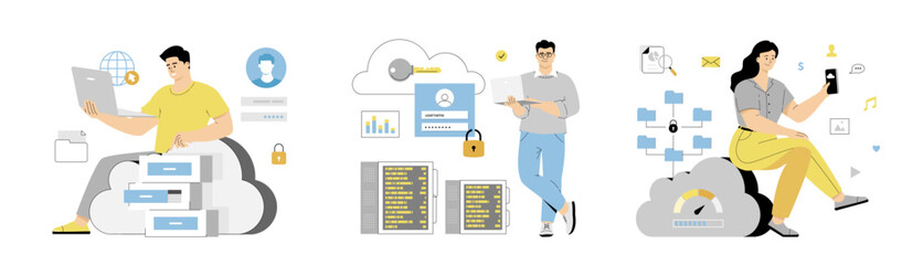 Cloud computing concept set in flat web design. Repair and configuration of cloud storage system. IT support, server admin manage the system. Flat vector illustration isolated on white background.