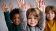 © Ali Hamza Tullah - Close-Up of Multicultural Children’s Hands with Fingers Spread – Youth Diversity and Innocence,children hands, diverse kids, childhood unity, raised hands, white background,youth diversity, kids part