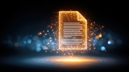 Wall Mural - a glowing document surrounded by sparkling lights, symbolizing digital data and innovation.