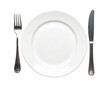 © TransPicHub - A white ceramic plate is centered with a metal fork on the left and a metal knife on the right, arranged neatly on either side.