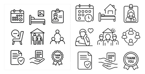 Set of icons for a calendar, a bed, a house, a chair, a clock, a person, a bed, a house, a chair, a clock, a person, a bed, a house, a chair, a clock,
