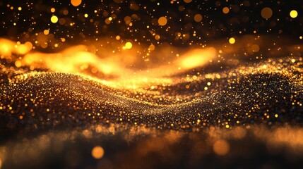 Wall Mural - abstract gold glitter wave with bokeh lights, dark background.
