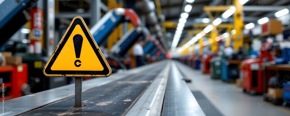 Caution Sign in Factory: A striking warning sign is prominently placed ...