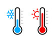© pingebat - Street thermometer sign with two thermometers showing cold and hot temperatures. Represents weather forecast, high summer heat, frost, and snow. Flat vector design for seasonal weather illustration