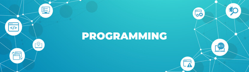 Wall Mural - programming or software engineering vector illustration. Blue concept related to html coding, beta testing an application, software design and development process, implementation and verification.