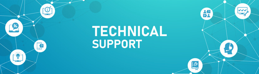 Wall Mural - IT support vector illustration. Blue concept with icons related to IT helpdesk, hotline or helpline, remote or online tech support, technical assistance, specialist software support.