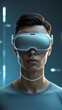 © RF GRAPHIC - Man wearing futuristic virtual reality headset with glowing accents technology