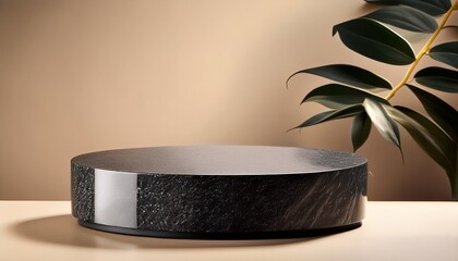 beige round podium for display product material from black stone can be use for presentation jewelry watch cosmetic