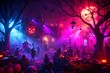 © Design_Poster - Enchanting halloween night with glowing pumpkins spooky creatures and mystical purple and blue lights