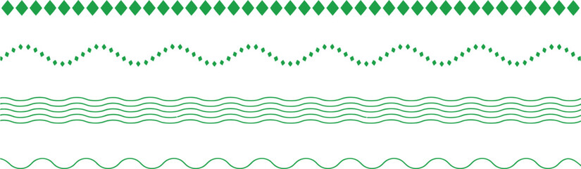set of green seamless decorative borders and line dividers. vector collection of wavy, dotted, and d