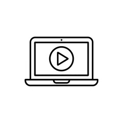 Simple black line art icon of a laptop displaying a play button symbol for media playback