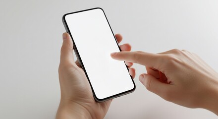 Finger Tapping Blank Screen Smartphone Held in Hand Against White Background