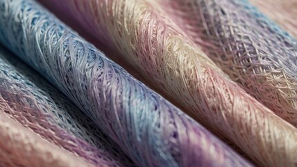 Close up view of folded pastel colored fabric with a textured net like appearance and soft lighting