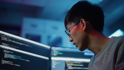 Focused coder scrutinizing lines of digital code on multiple displays screen
