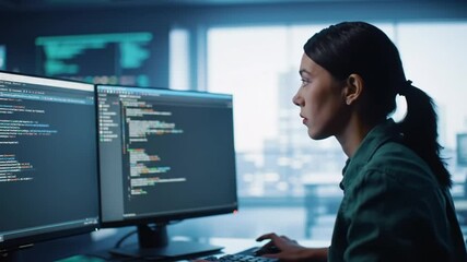 Concentrated female programmer analyzing code on dual monitors in office