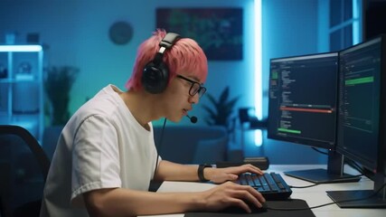 Concentrated Programmer Coding on Dual Monitors with Neon Lighting Setup