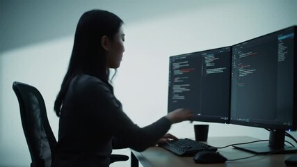 Young asian female coder reviewing code on multiple monitors at workspace