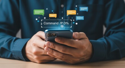 A person is holding a smartphone with command and message icons floating above the screen