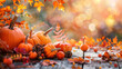 © Pakhnyushchyy - Happy Thanksgiving holiday background from autumn leaves, pumpkins and fall decorations on turquoise table.