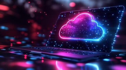 a laptop displays a vibrant cloud computing graphic, symbolizing the modern digital cloud technology