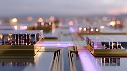 Wall Mural - Abstract View of Futuristic Circuit Board with Microchips and Glowing Lights in Soft Focus