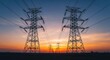 © DigitalSpace - Tall steel power pylons standing tall with a radiant sunset horizon in the background.