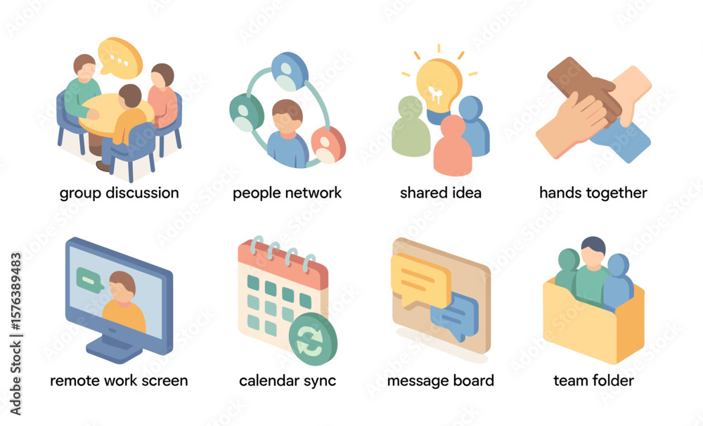 Team Work Ics Isometric teamwork icons: collaboration and communication concepts for ...