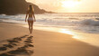 © Dream - A fit young woman with a natural, slightly sweaty glow practicing yoga on a sandy beach at sunrise. Gentle waves touch the shore, and her hair moves slightly in the morning breeze. The sun casts soft