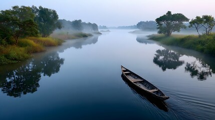 Naklejka na meble Mysterious Foggy River Landscape with Tranquil Boat Sailing at Sunrise