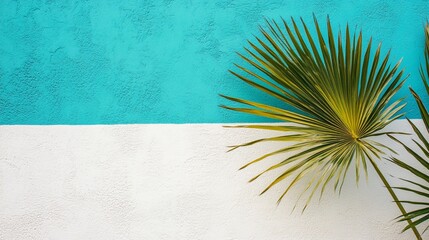 Wall Mural - tropical palm leaf casting elegant shadow against vibrant turquoise wall and clean white surface, cr