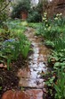 © ArtPixel-Portfolio - Water cascading over dampened brick walkway, spring garden scene featuring blooming daffodils near wet stone surface