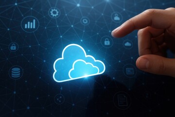 cloud computing technology: a hand interacts with a digital screen displaying a cloud computing icon