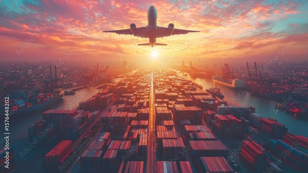 Airplane taking off over sunset port city cargo Stock Illustration ...