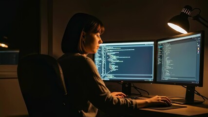 Woman programmer working on code at night. Female software developer typing on computer. Dark office with glowing screens. IT industry and coding concept.