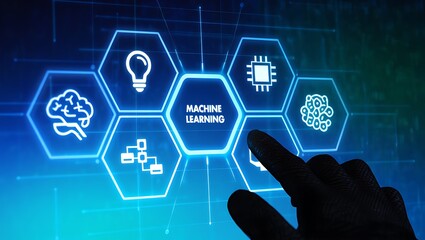 machine learning concept displayed with futuristic icons, hand selecting virtual option for artifici