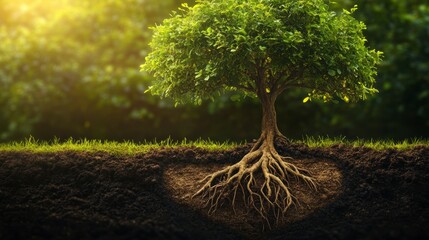 Lush green tree with exposed roots in rich soil, backlit by sunlight.