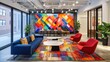 © tito - Modern office lobby with colorful art, seating, and city view