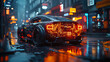 © Nattawaw bbt - Futuristic Car in Rainy Cityscape with Neon Lights and Reflections