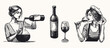 © Oleksandr Yashchuk - wine tasting ritual set isolated hand drawn sketch line art illustrations with woman pouring wine from bottle into decanter holds wine glass for wine culture design