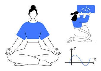 Woman meditating in lotus pose, another programming with a code snippet, and a graph with labeled axes. Ideal for mindfulness, coding, education, analytics, productivity, technology simple landing